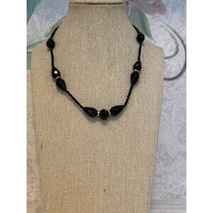 Black Beaded Necklace With Faceted Teardrop Beads & Silver Accents Adjustable